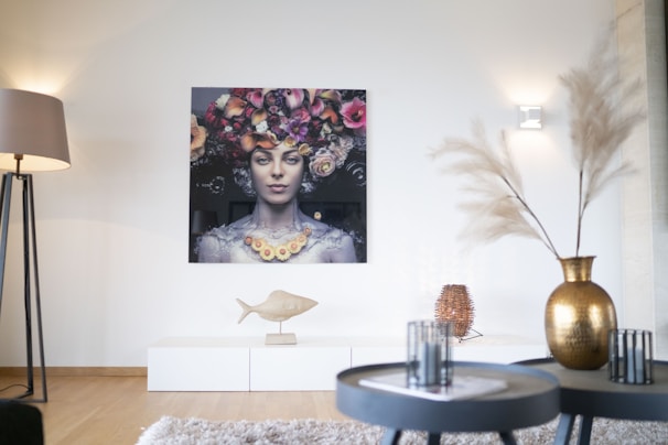 A modern living room wall adorned with a 90x60 canvas print showcasing nature art