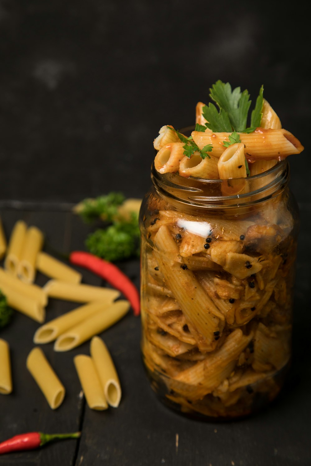 pasta dish on glass jar