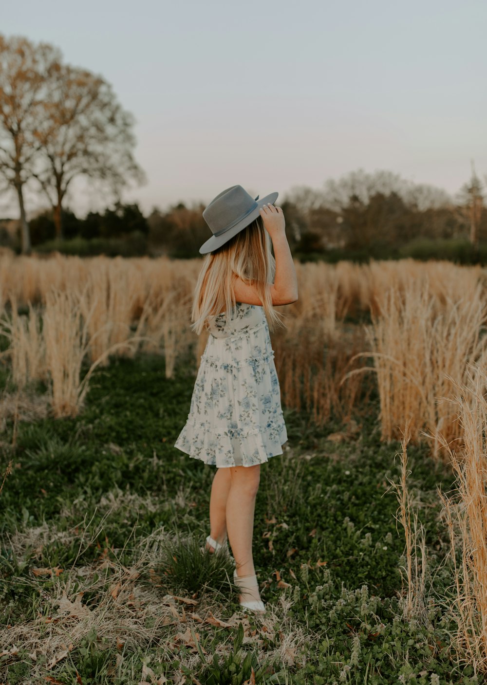 昼間の緑の芝生の上に立つ白と青の花柄のドレスを着た女の子