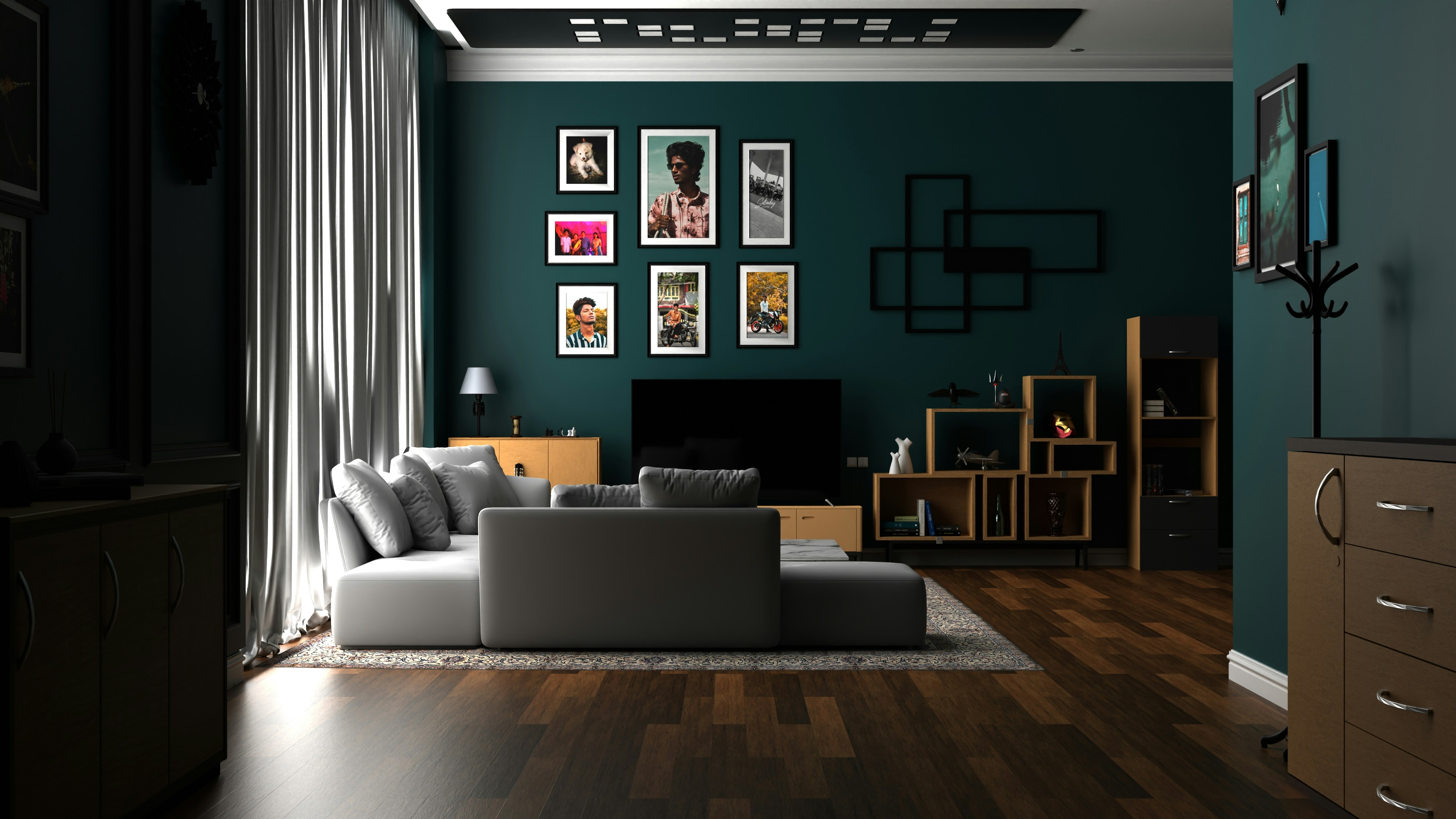 Modern bir evin salonunda birbiriyle uyumlu ve estetik renklerde dekore edilmiş mobilya ve duvar boyası kombinasyonları.