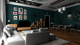living room with gray sofa and brown wooden coffee table
