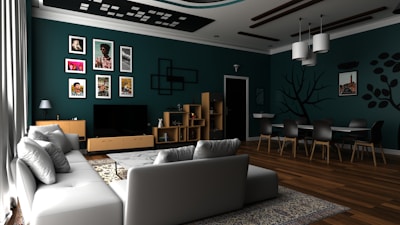 living room with gray sofa and brown wooden coffee table