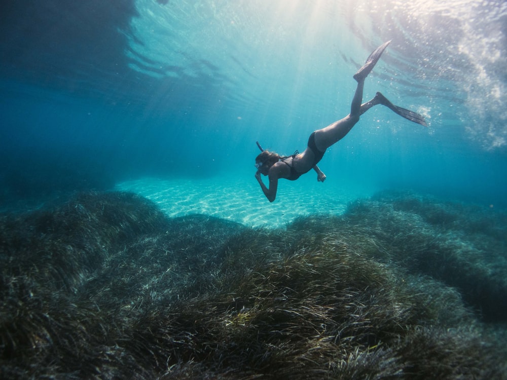 Frau im schwarzen Neoprenanzug schwimmt im Wasser