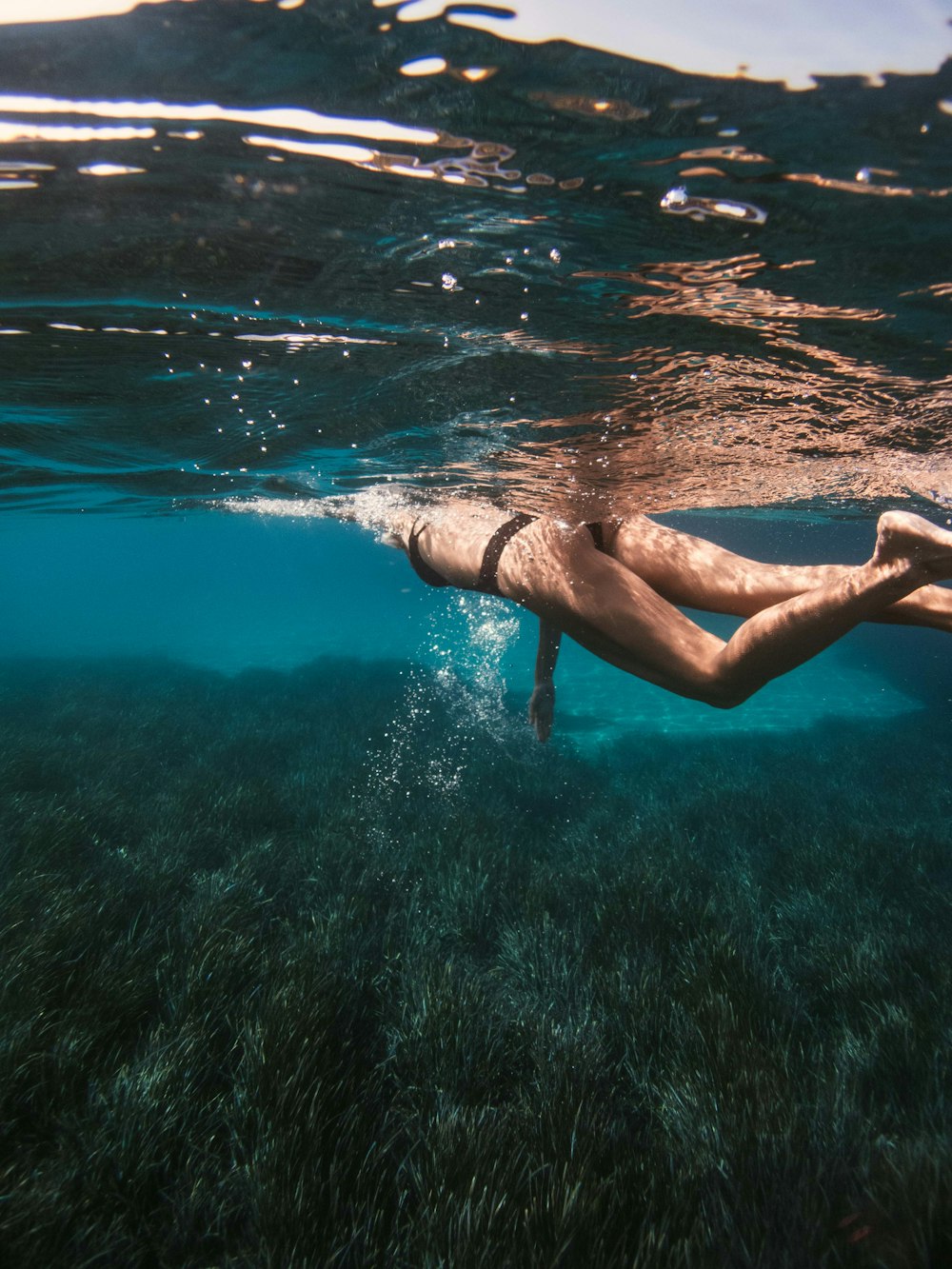 mujer en bikini azul nadando en el agua