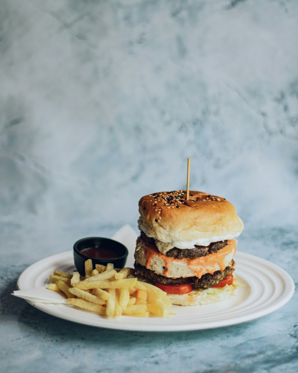 burger with fries on white ceramic plate