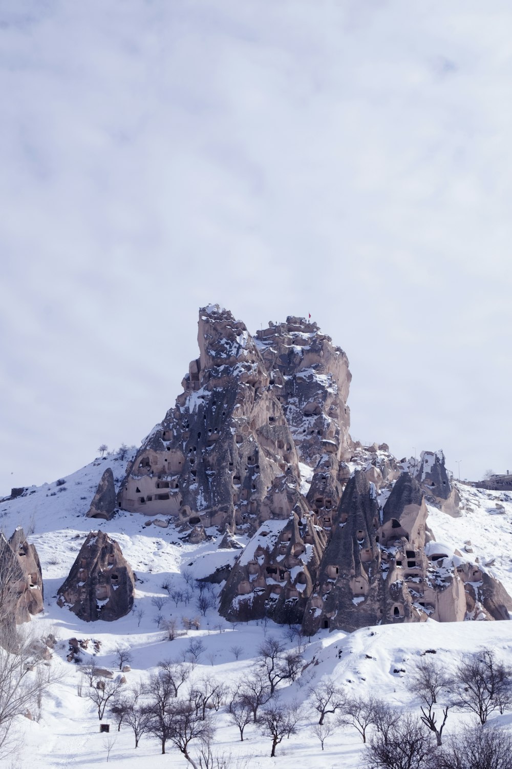 snow covered mountain under white cloudy sky during daytime