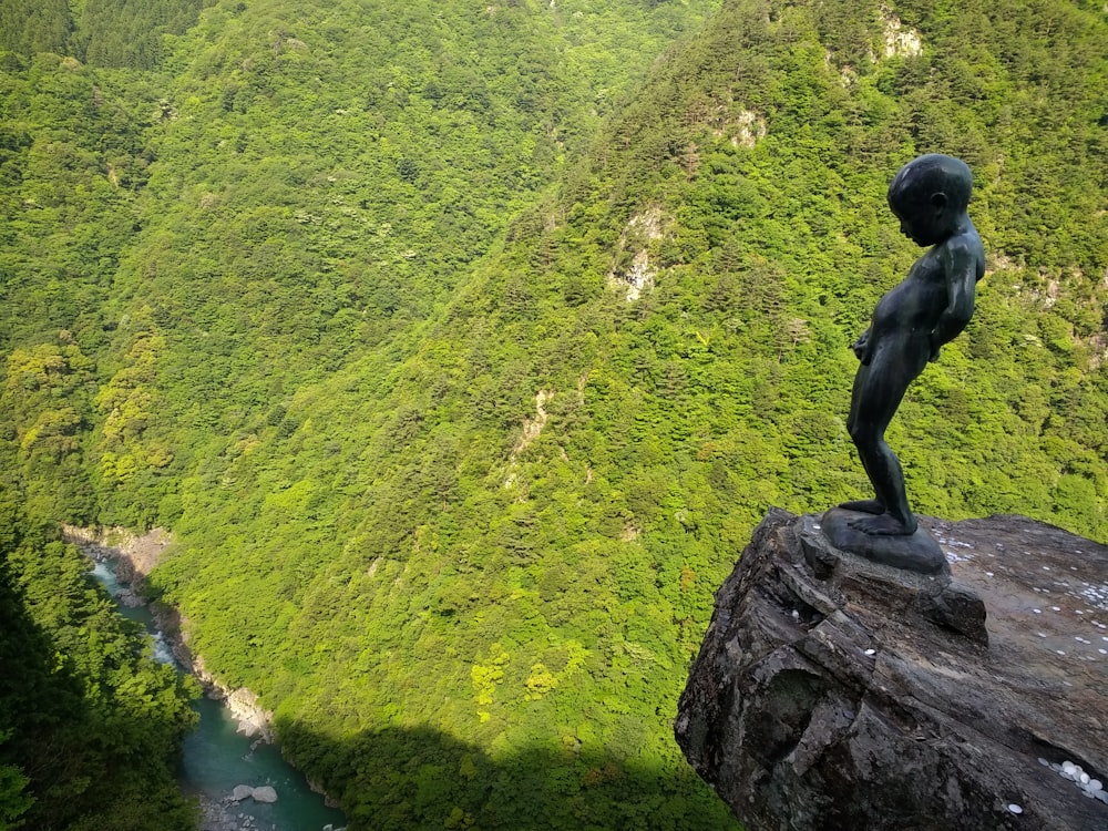 black statue on green moss covered rock