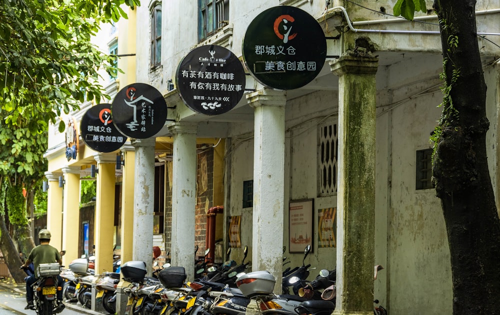 black motorcycle parked beside white concrete building during daytime