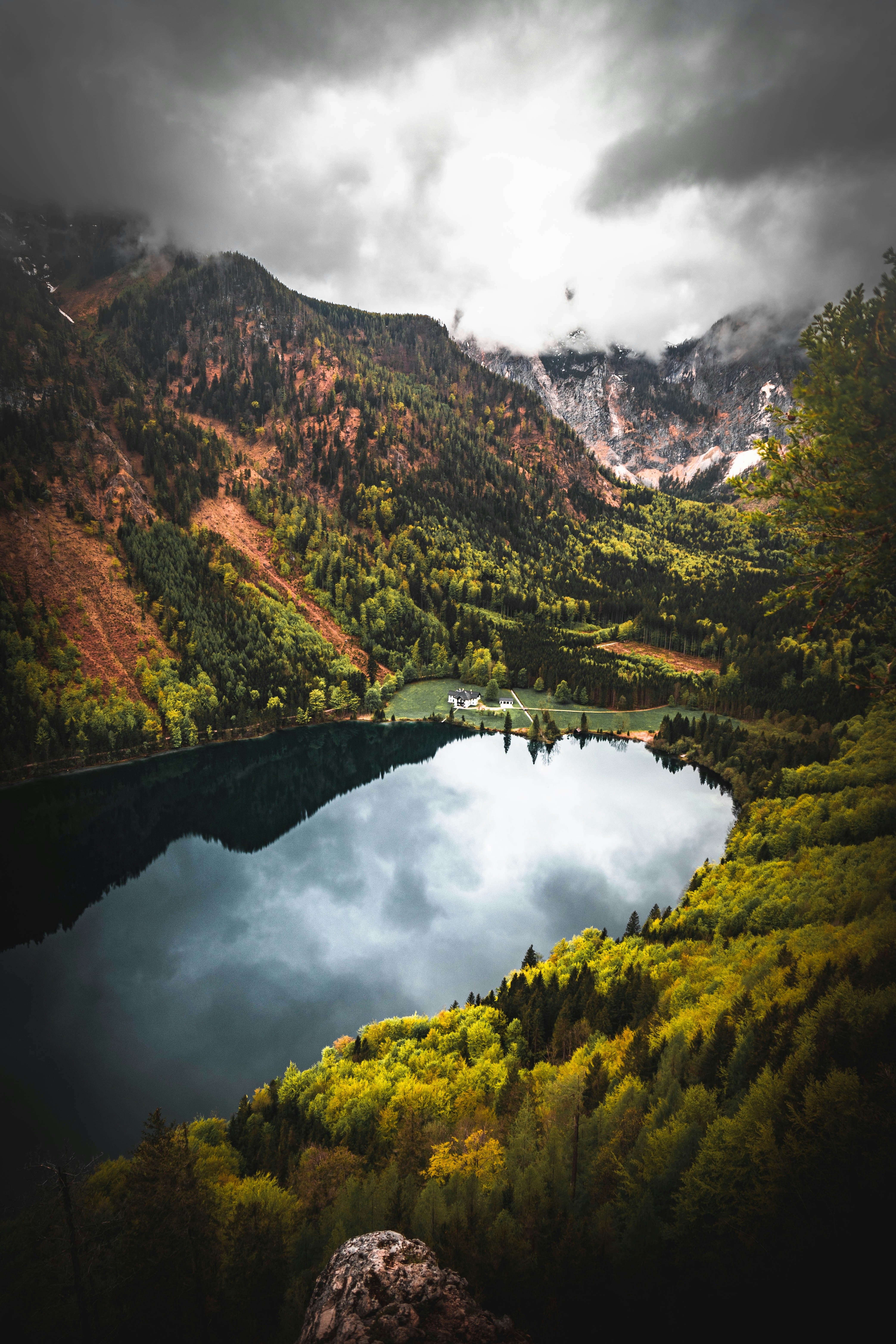 green trees near lake and mountain under blue sky during daytime