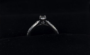 A silver diamond ring is placed on a dark, possibly velvet surface. The ring features a prominent central diamond, with smaller diamonds lining the band on either side.