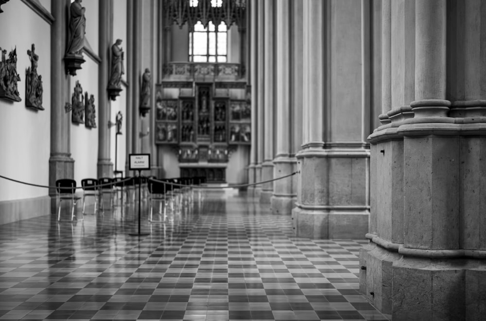 grayscale photo of building interior