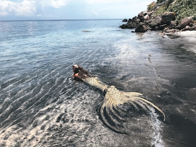 woman in black and white dress on brown rock formation on sea during daytime