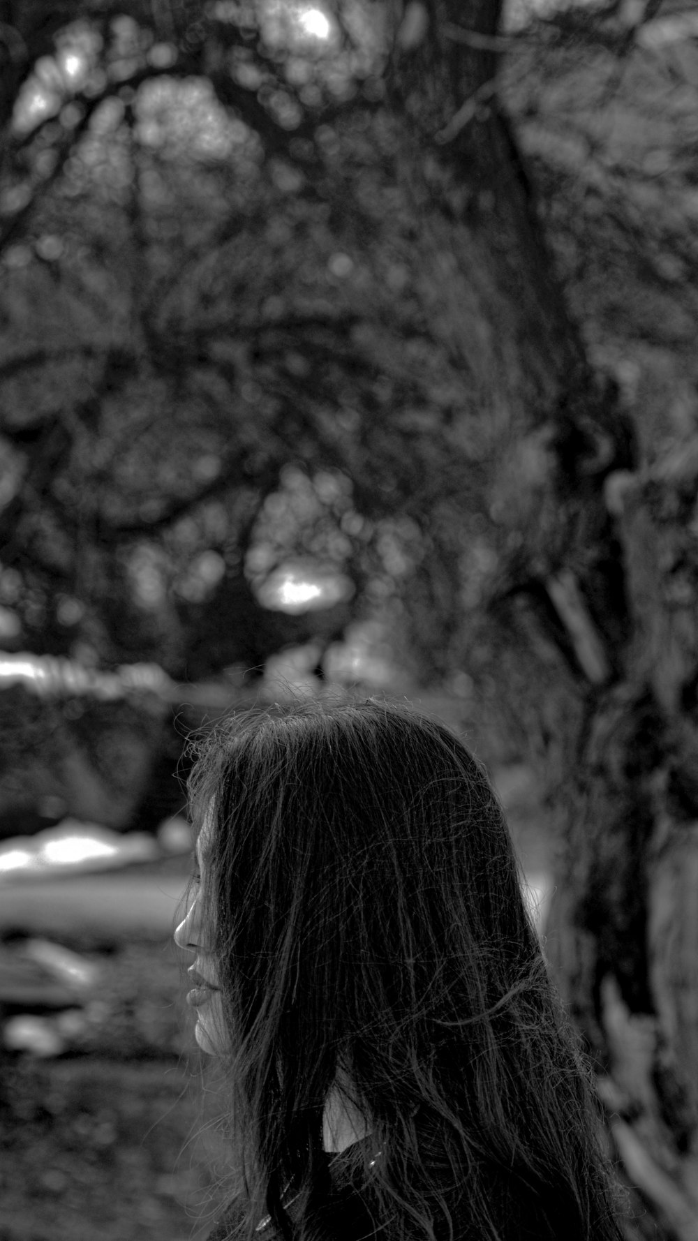 Foto en escala de grises de una mujer mirando los árboles