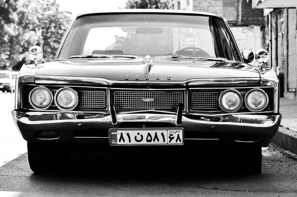 grayscale photo of classic car