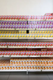 Close-up of vibrant bottled smoothies and fresh snack packs arranged neatly on retail shelves.