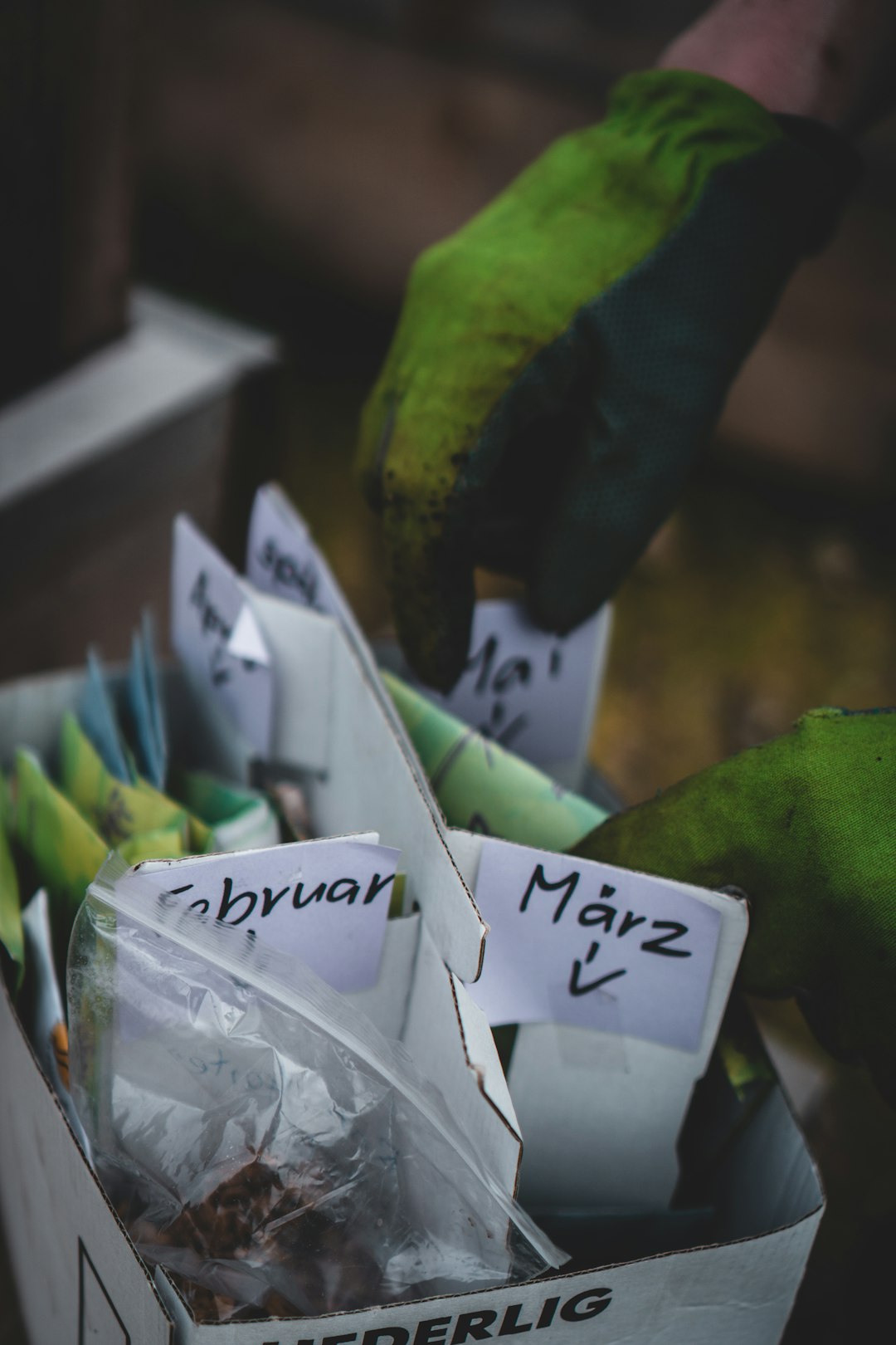 white and green cards on white box