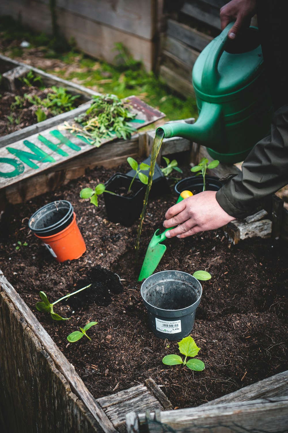 Person mit grüner Plastikschaufel