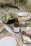 A picnic setup on a beach with a bottle of white wine, two filled wine glasses, a bowl of mixed greens salad with cherry tomatoes, a plate with almonds, a bowl of olives, and a marble board displaying assorted cheeses and slices of salami. The table is decorated with woven placemats and there are plates with metal cutlery. The background features sandy ground with grass tufts.