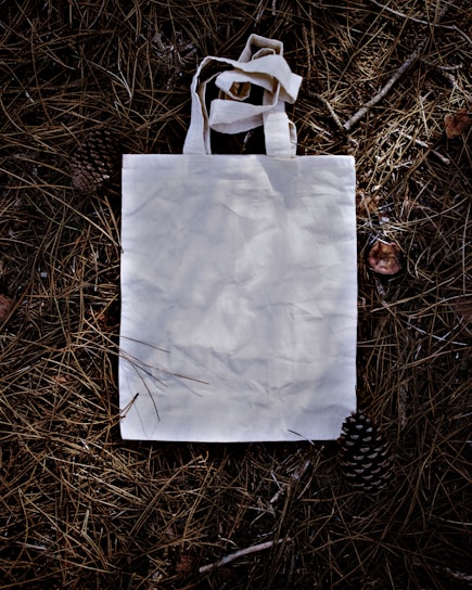 white paper bag on brown grass