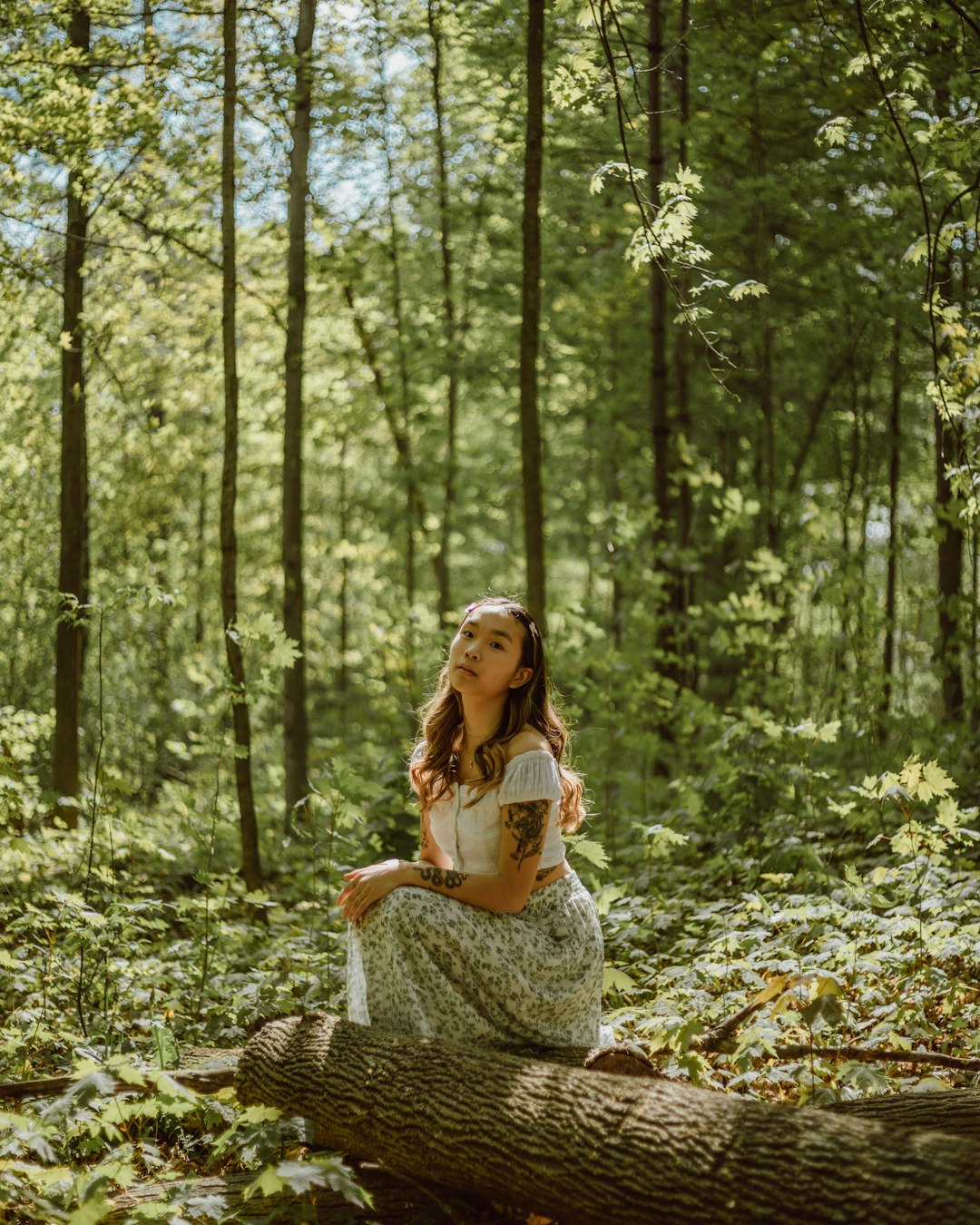 woman in white and black dress sitting on brown tree log during daytime