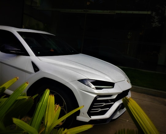 A sleek white luxury SUV is parked beside some green tropical plants. The car's design features sharp, angular lines and a futuristic style. The background includes a dark, possibly tinted window, which reflects the vehicle.