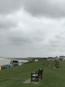 A coastal landscape featuring a row of colorful beach huts along the shore with a grassy area in the foreground. Several benches are placed on the grass, providing a view of the sea. Overcast skies contribute to a somber atmosphere. Houses and buildings are visible in the background along with a few people walking.