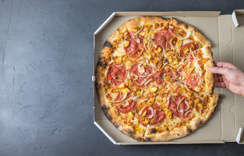 pizza on white cardboard box