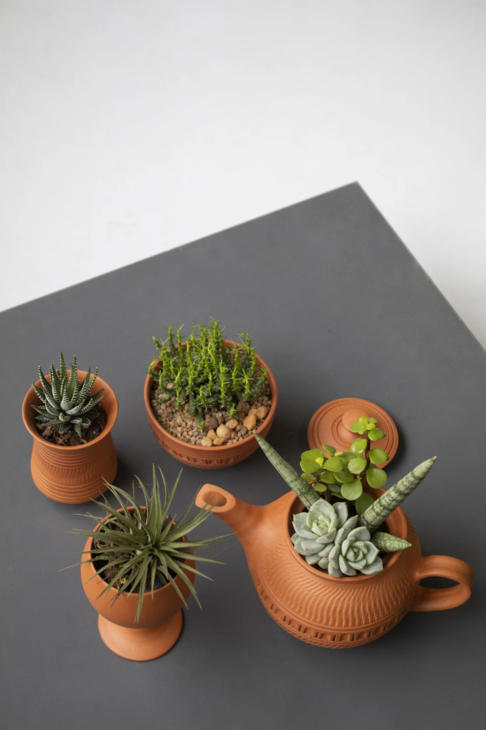 Small Herb Pots Terracotta Set on Kitchen Windowsill Decor