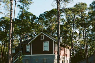 Exterior view of a finished home nestled among tall pine trees in a peaceful East Texas neighborhood.