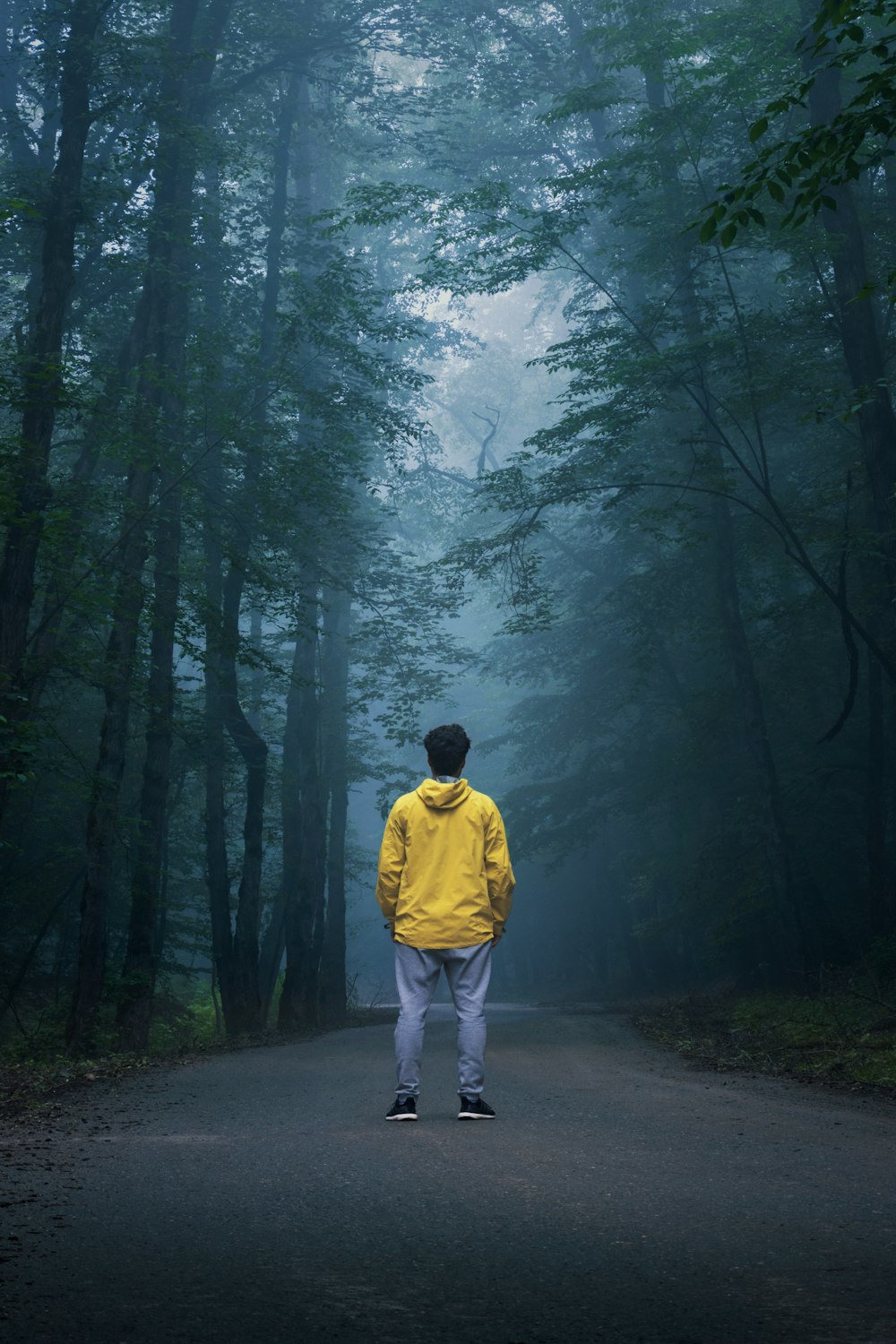 hombre con sudadera con capucha amarilla caminando por el camino entre los árboles