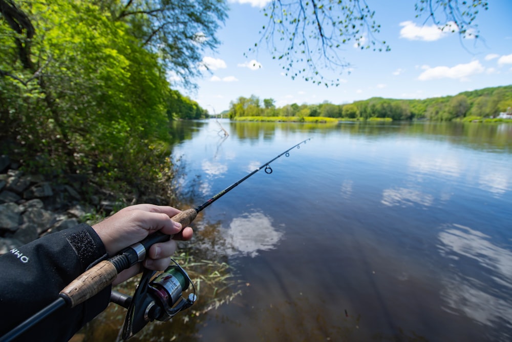 person holding black fishing rod near lake during daytime