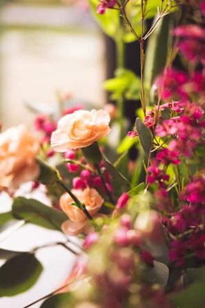 Close-up of a pastel pink bouquet with delicate greenery in soft natural light.