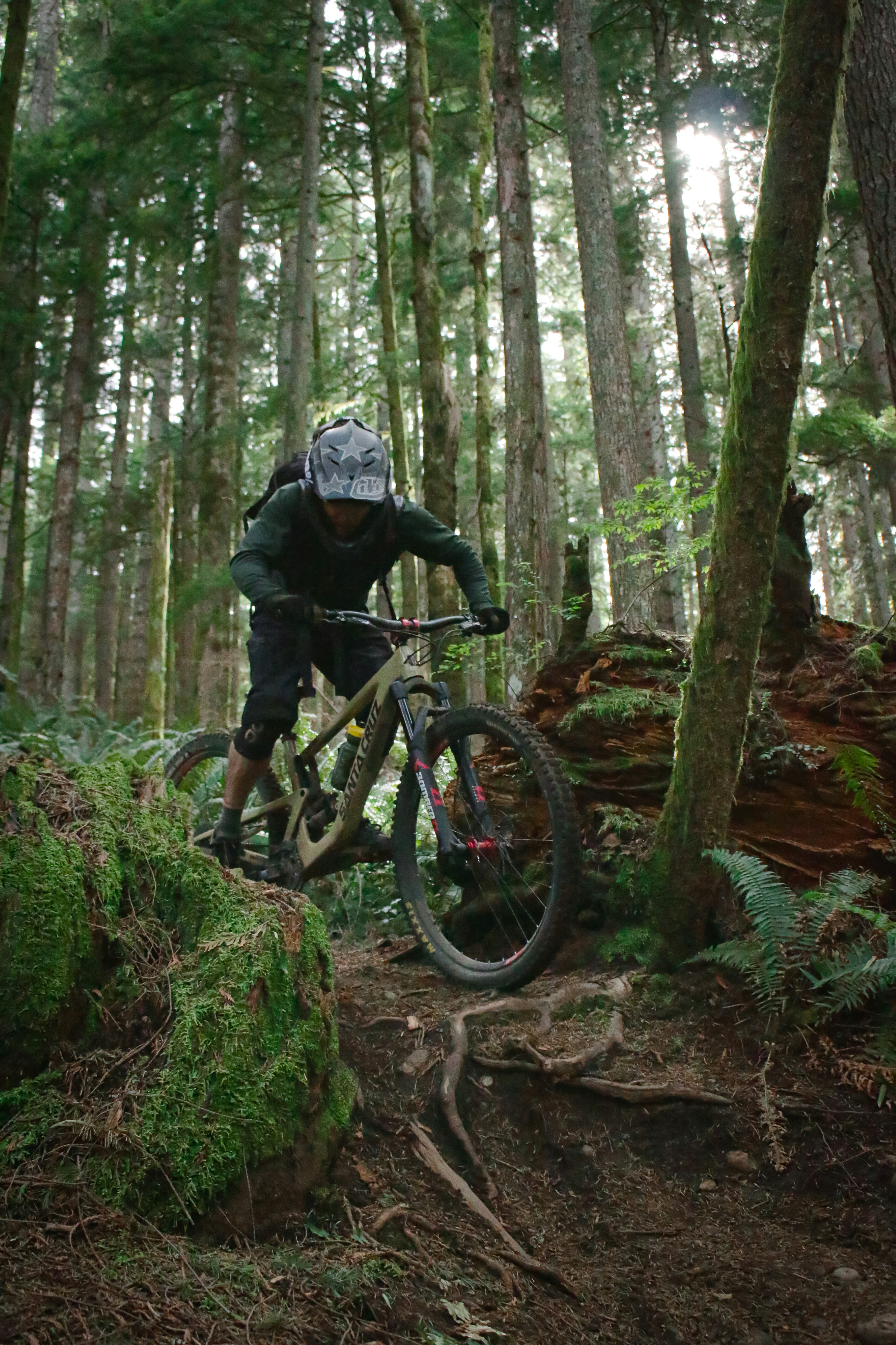 man in black jacket riding black mountain bike in forest during daytime