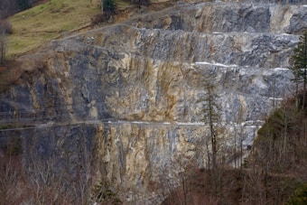A steep rock face of a quarry with exposed layers of gray and beige stone. Sparse vegetation is visible at the top and bottom of the slope, with a few tall, thin trees on the right side.