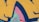 Brightly colored graffiti art featuring abstract shapes with bold outlines. The design includes shades of yellow, pink, blue, and red with black accents.