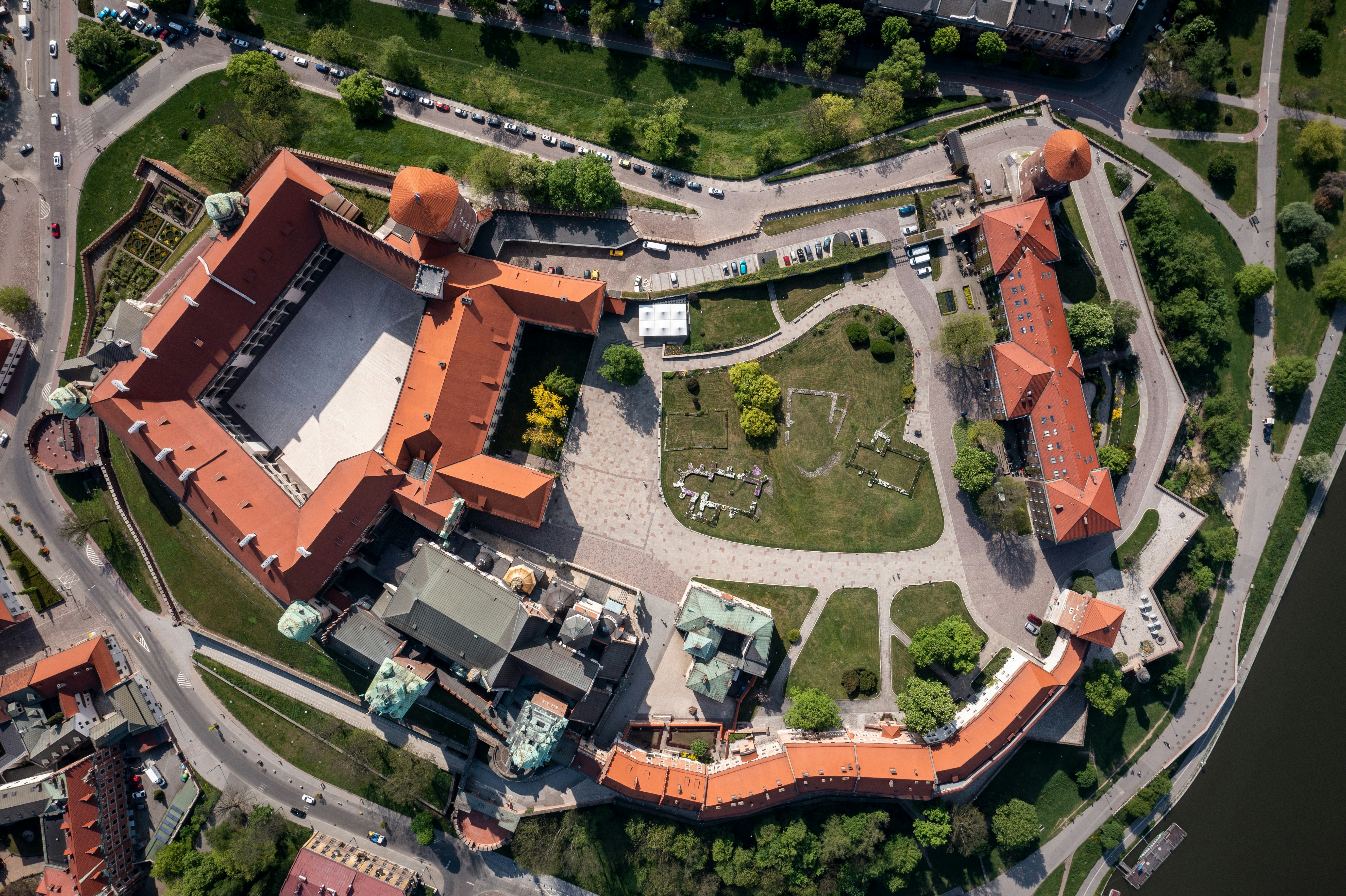 aerial view of orange and green houses