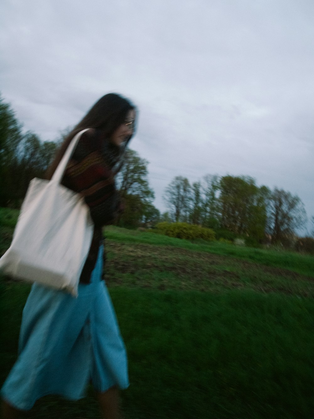 Donna in vestito blu e bianco in piedi sul campo di erba verde durante il giorno