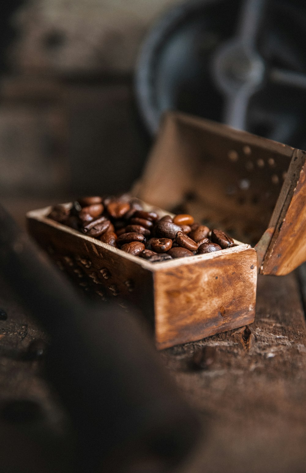 brown wooden box with brown coffee beans