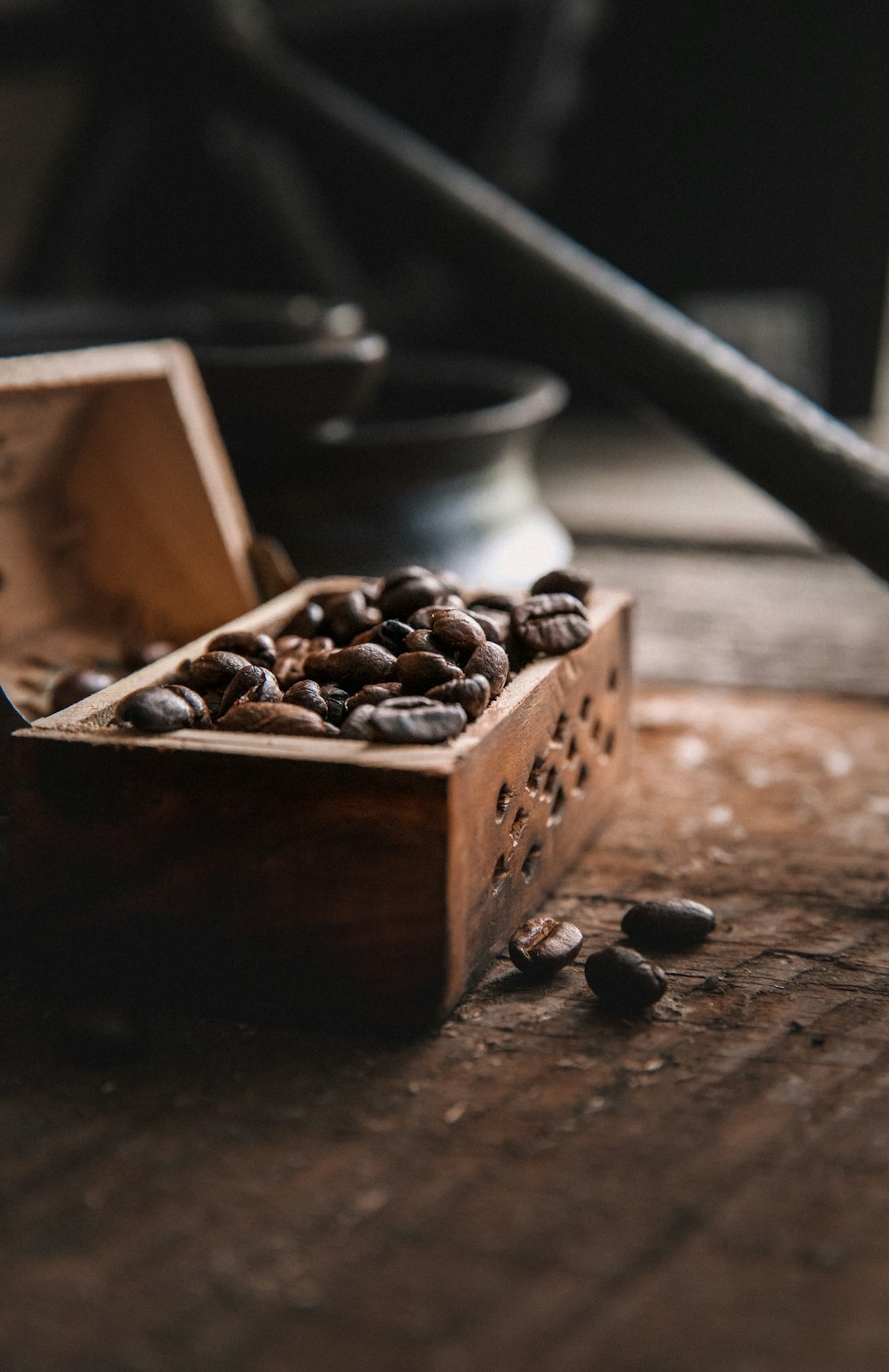 brown wooden box with brown coffee beans