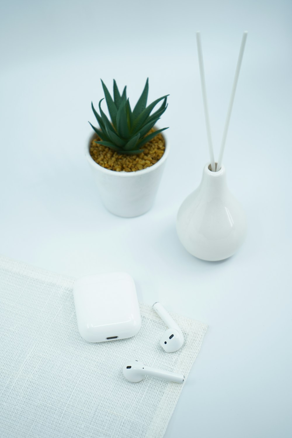 green plant in white ceramic vase beside white apple airpods