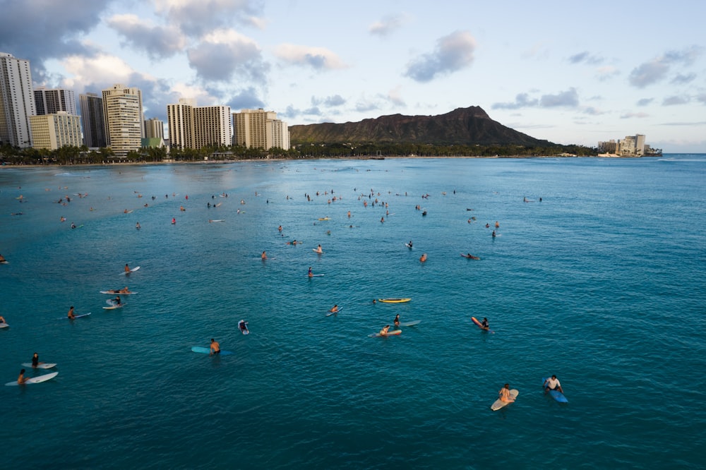 Menschen, die tagsüber auf dem Meer in der Nähe von Hochhäusern schwimmen