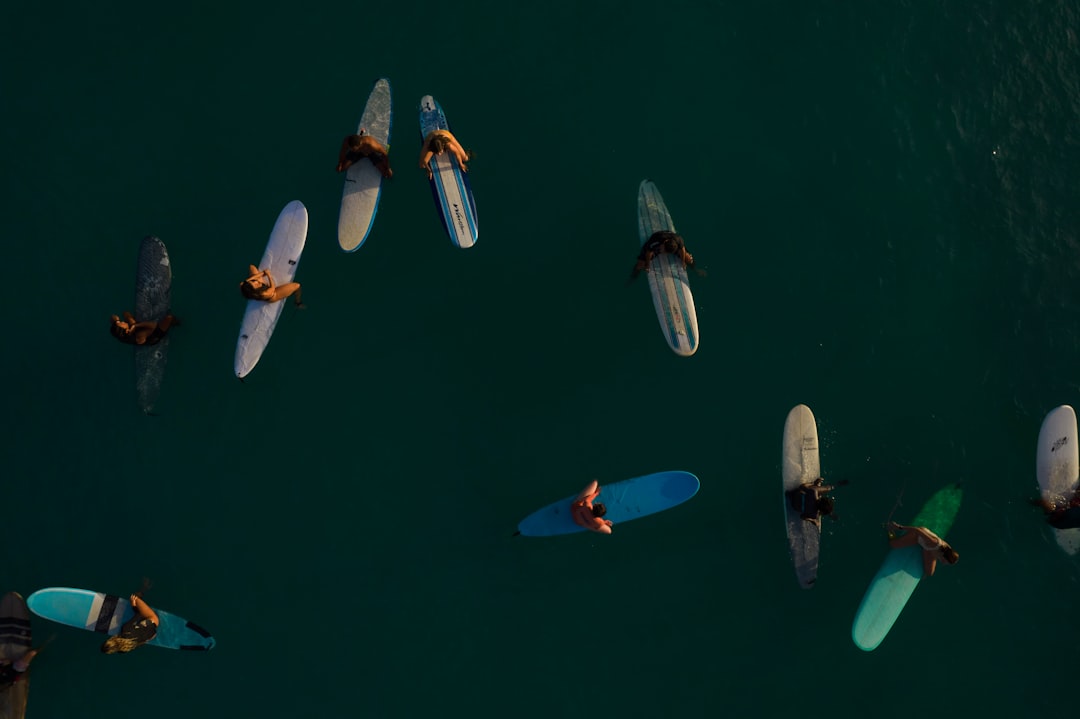 aerial view of blue and white boats on water