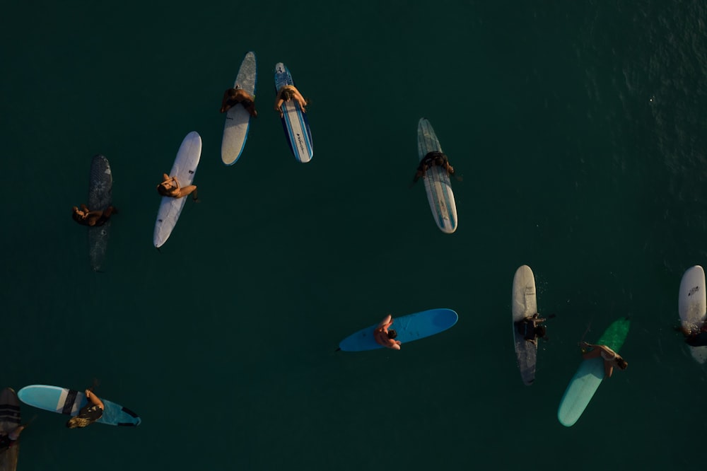 aerial view of blue and white boats on water