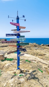A colorful signpost stands on rocky terrain near a coastline, pointing to various global destinations, with distances written on each directional plank. The ocean is visible in the background, meeting a clear blue sky.