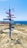 A colorful signpost stands on rocky terrain near a coastline, pointing to various global destinations, with distances written on each directional plank. The ocean is visible in the background, meeting a clear blue sky.