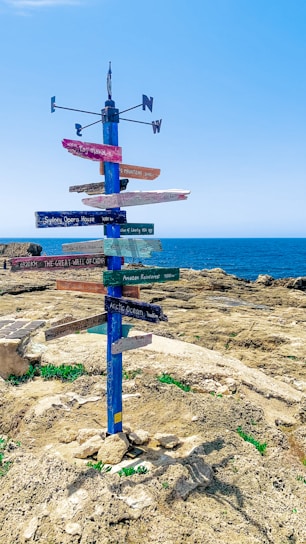 A colorful signpost stands on rocky terrain near a coastline, pointing to various global destinations, with distances written on each directional plank. The ocean is visible in the background, meeting a clear blue sky.