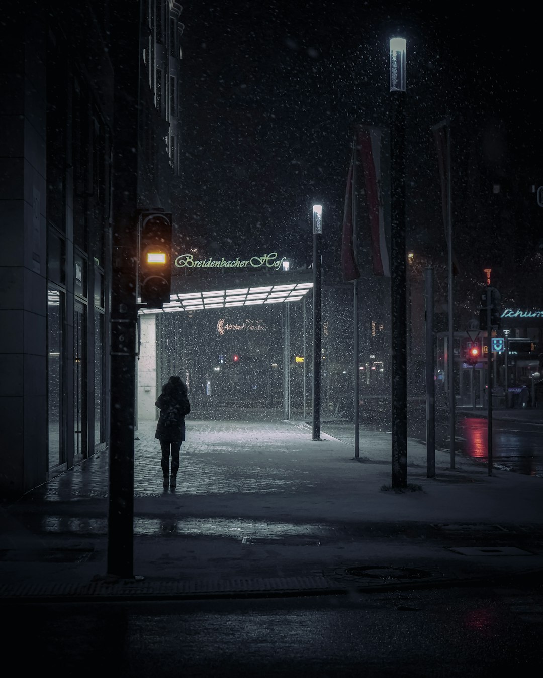 person in black coat standing on sidewalk during night time