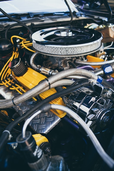 black and yellow car engine