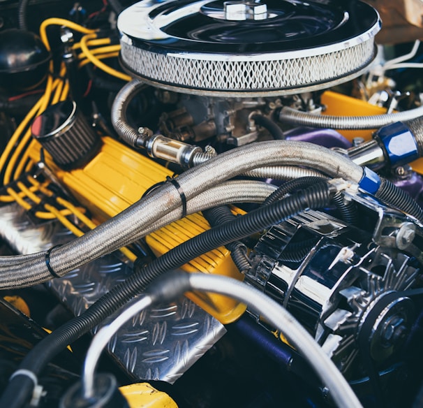 black and yellow car engine