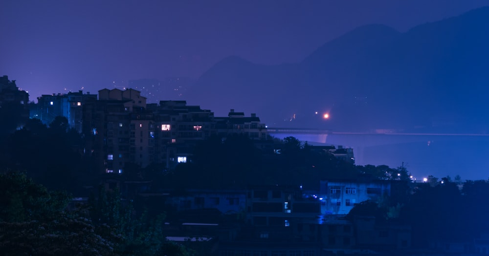 city skyline during night time